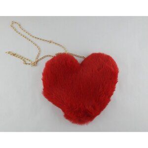 Red Faux Fur Heart Purse Crossbody Bag Gold Chain Zipper Closure Valentines